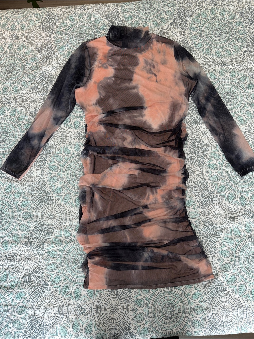 Fashion to Figure Black & Pink Tie-Dye Long Sleeve Mesh Bodycon Dress